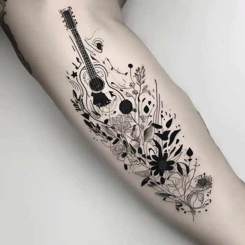 Leg sleeve of the City of barcelona, Spanish plants, music half sleeve tattoo designs for men – Minimaliste, Noir et blanc
